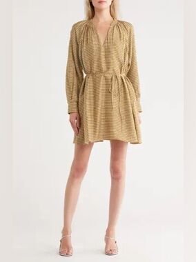 Rebecca Taylor Silk Blend Printed Long Sleeve Mini Dress Tie Waist Size 0